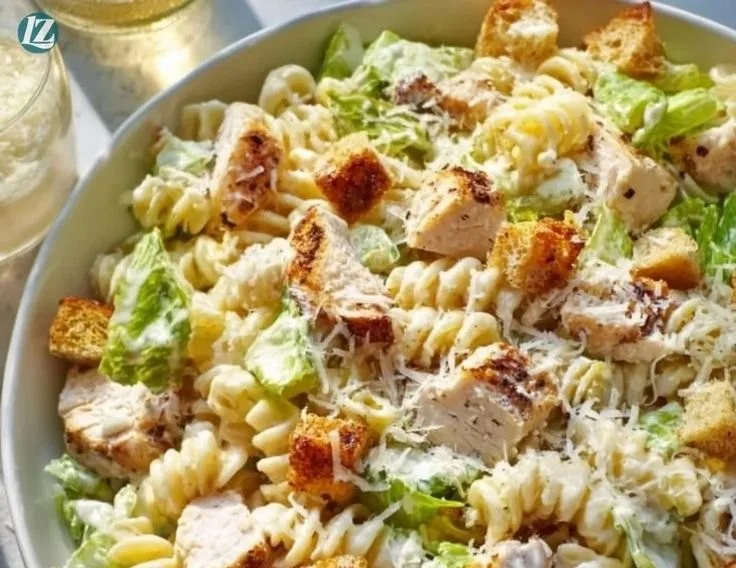 30-Minute Chicken Caesar Pasta Salad with fresh ingredients and creamy dressing