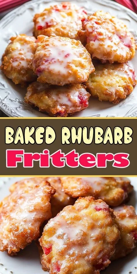 Baked rhubarb fritters on a plate, showcasing their golden brown color and texture.