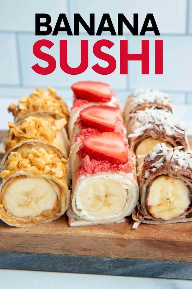 Delicious banana sushi rolls with fresh fruit and toppings.