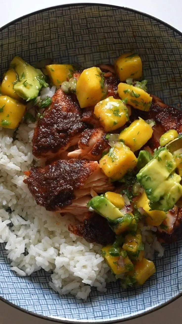 BBQ Salmon Bowls with Mango Avocado Salsa for a healthy and flavorful meal.
