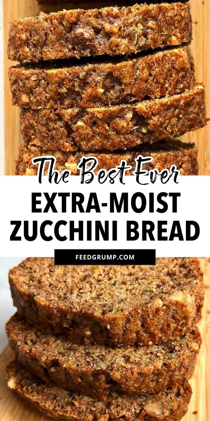 Deliciously moist homemade zucchini bread sliced on a wooden board
