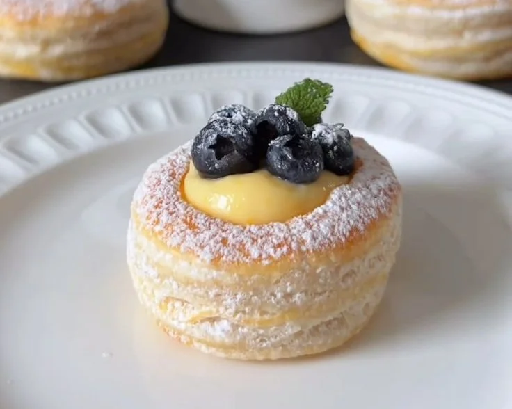 Blueberry pastry rings with vanilla cream filling, delicious and visually appealing dessert.