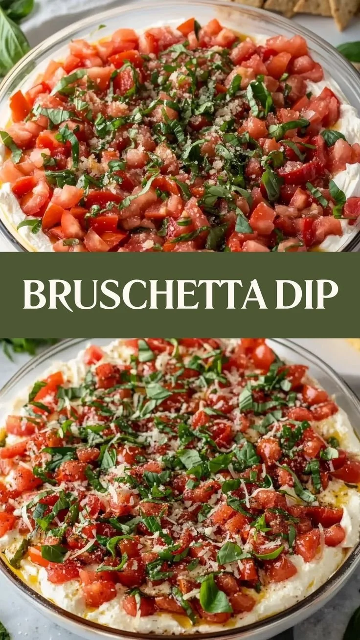 Delicious bruschetta dip served in a bowl with fresh toppings.