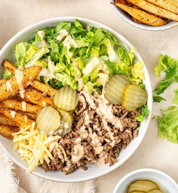 Delicious Burger Bowls with fresh ingredients and savory toppings.