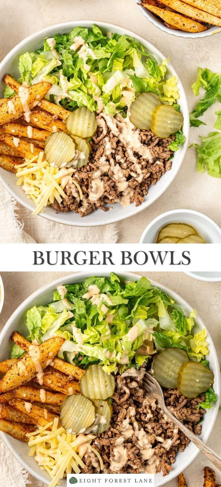 Colorful burger bowls with fresh ingredients and toppings