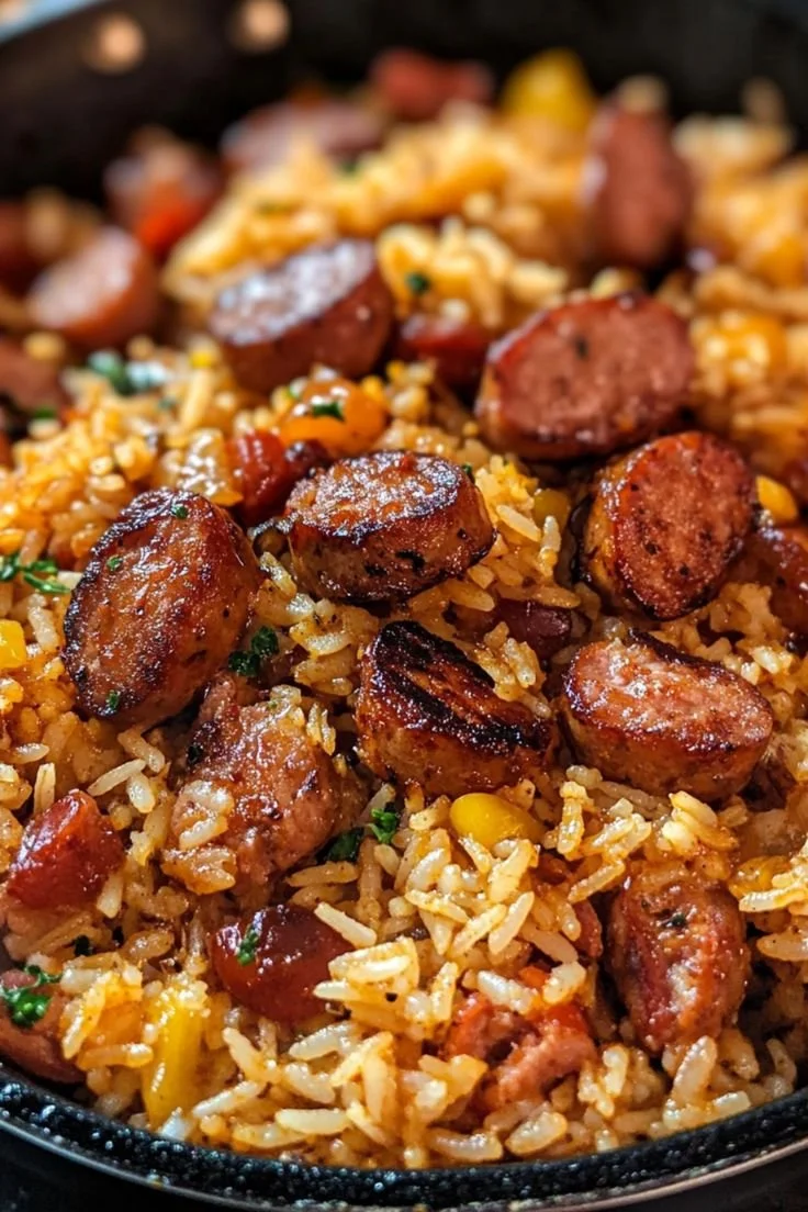 Cajun sausage and rice skillet dish garnished with herbs