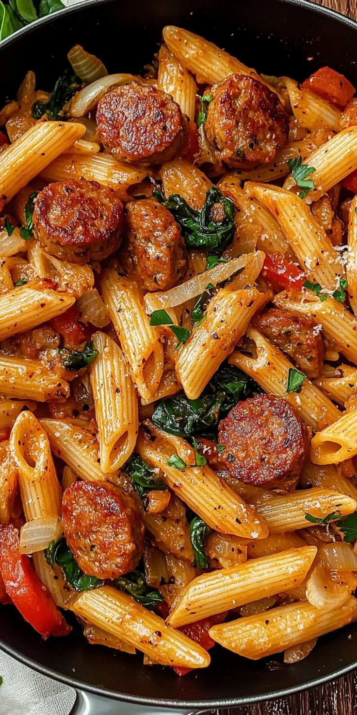 Plate of Cajun Sausage Pasta with colorful vegetables and spices