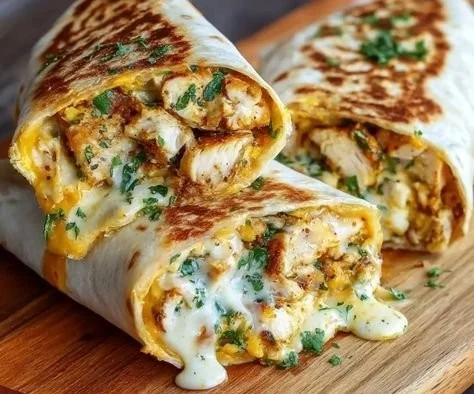 Delicious cheesy garlic chicken wraps with fresh ingredients.