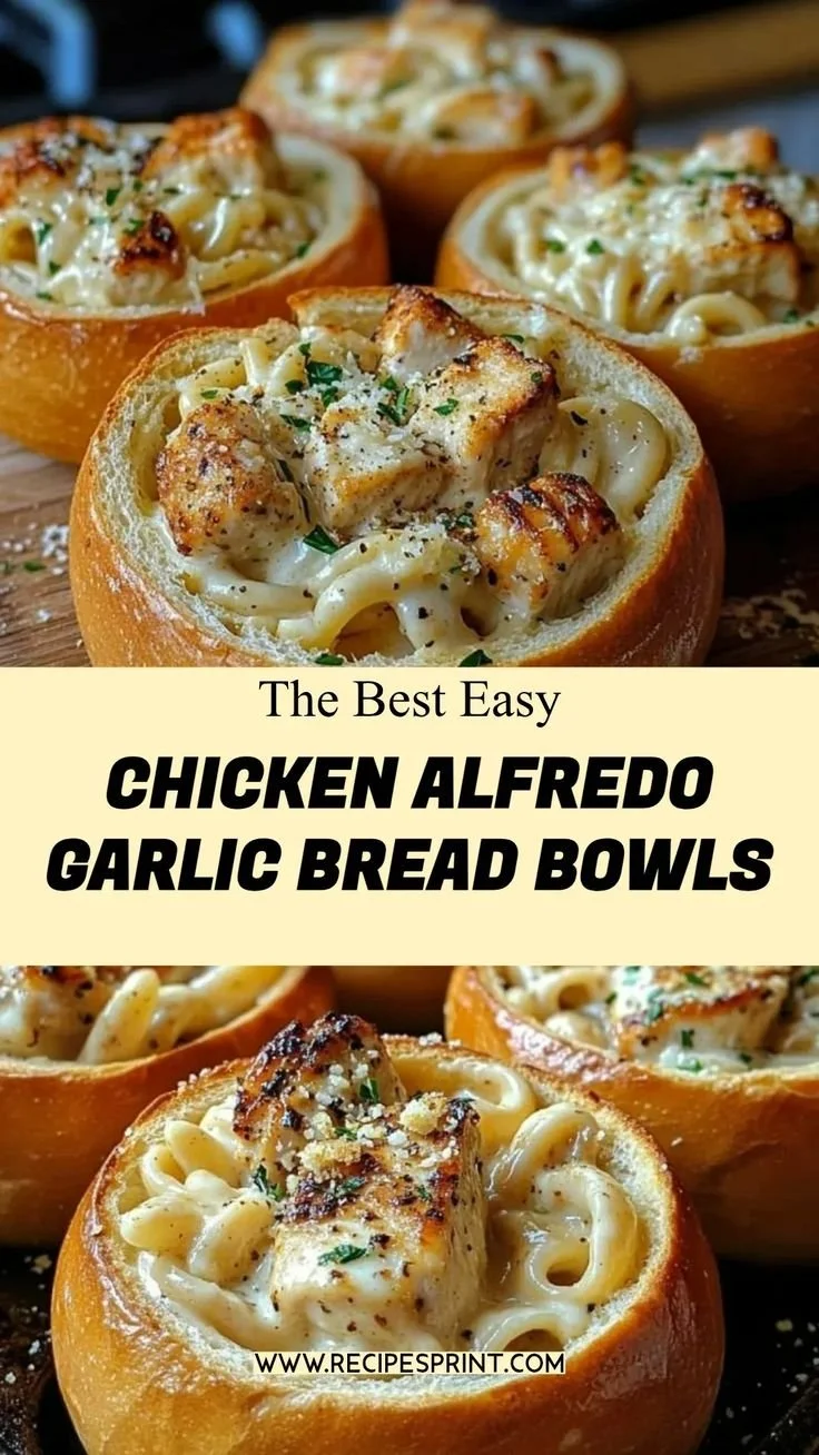 Delicious Chicken Alfredo served in crispy garlic bread bowls