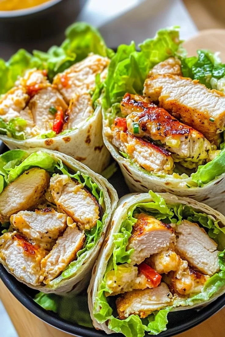 Delicious Chicken Caesar Salad Wrap with grilled chicken, romaine, and Caesar dressing.