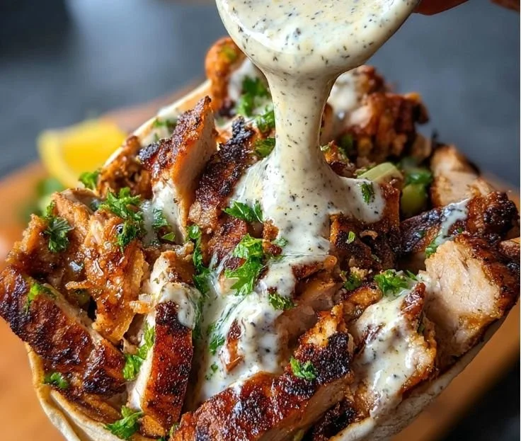 Delicious Chicken Shawarma with garlic sauce served on a plate.