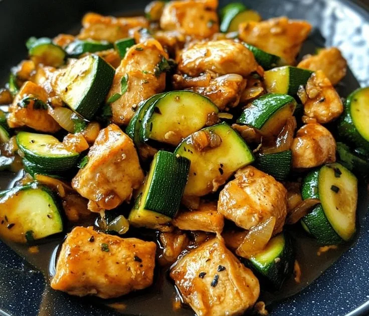 Healthy Chicken Zucchini Stir Fry served in a colorful bowl with vegetables