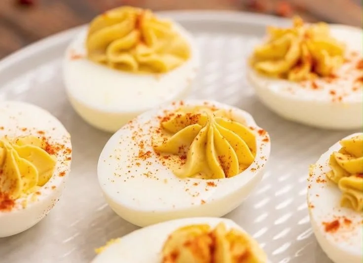 Classic Deviled Eggs 7 Classic deviled eggs served on a platter garnished with paprika and parsley.