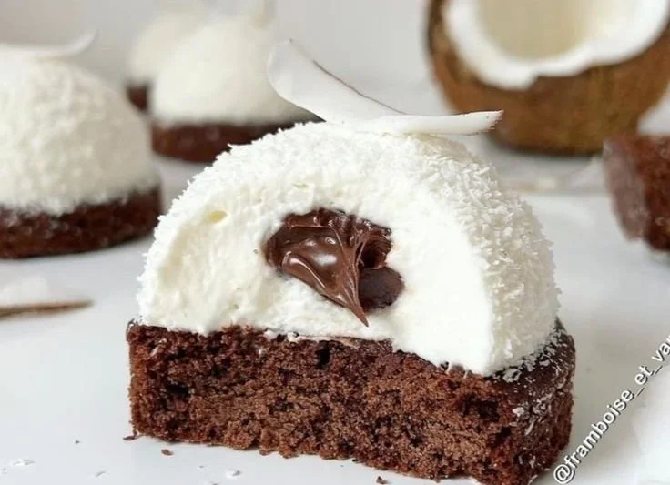 Coconut Dome dessert drizzled with rich chocolate spread