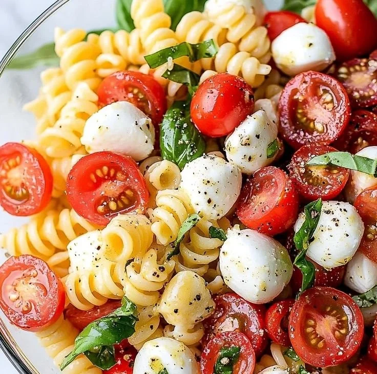 Colorful Caprese Pasta Salad with fresh ingredients and vibrant colors