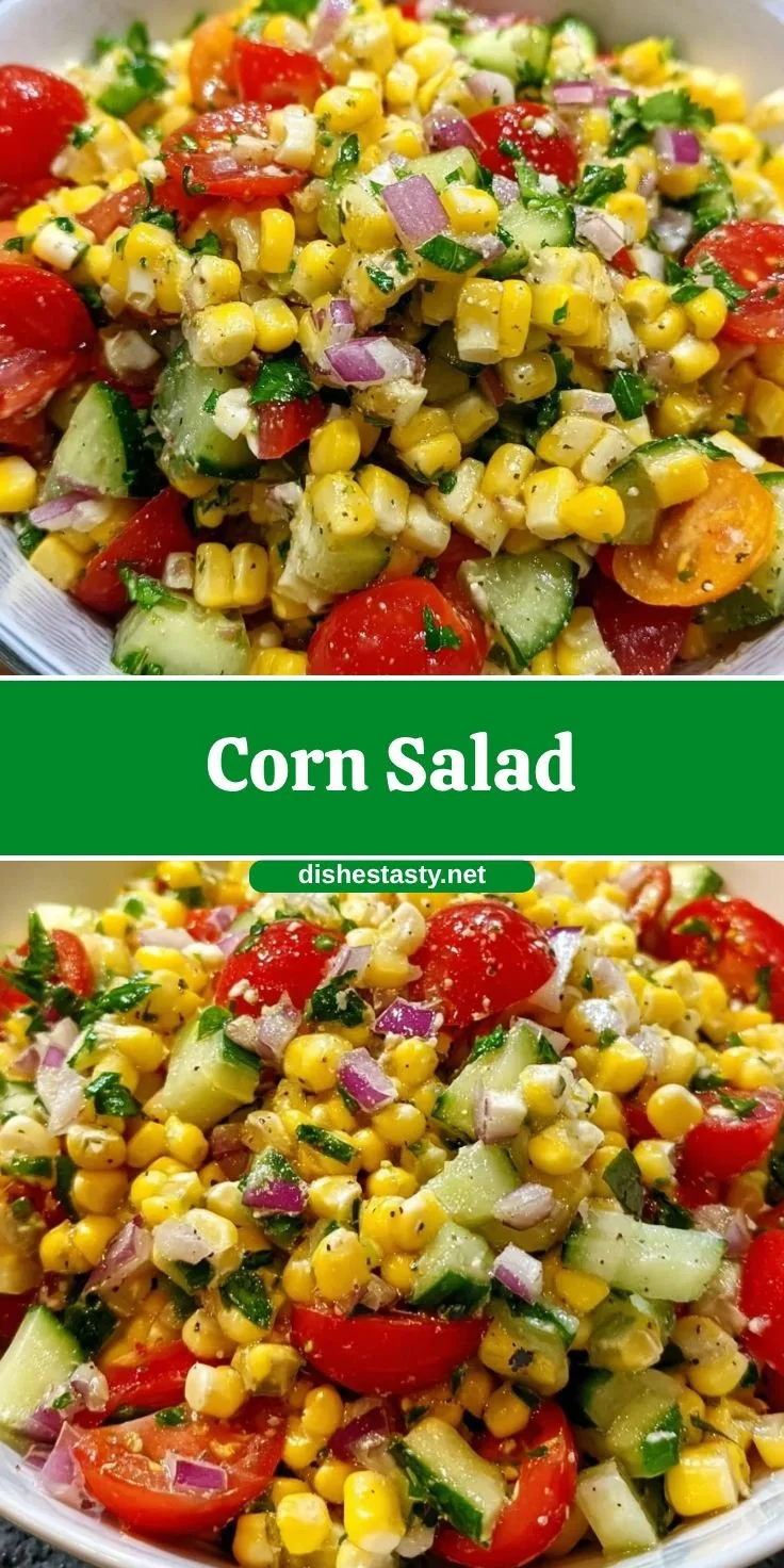 Colorful corn salad with fresh vegetables and dressing, great for summer meals