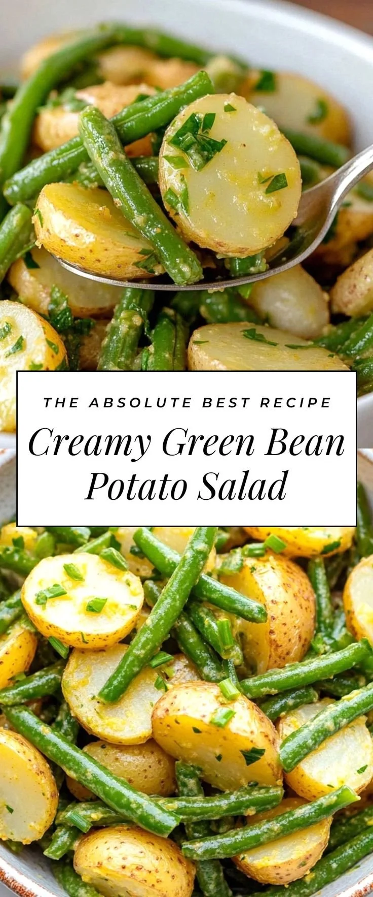 Creamy green bean potato salad in a bowl, garnished with fresh herbs