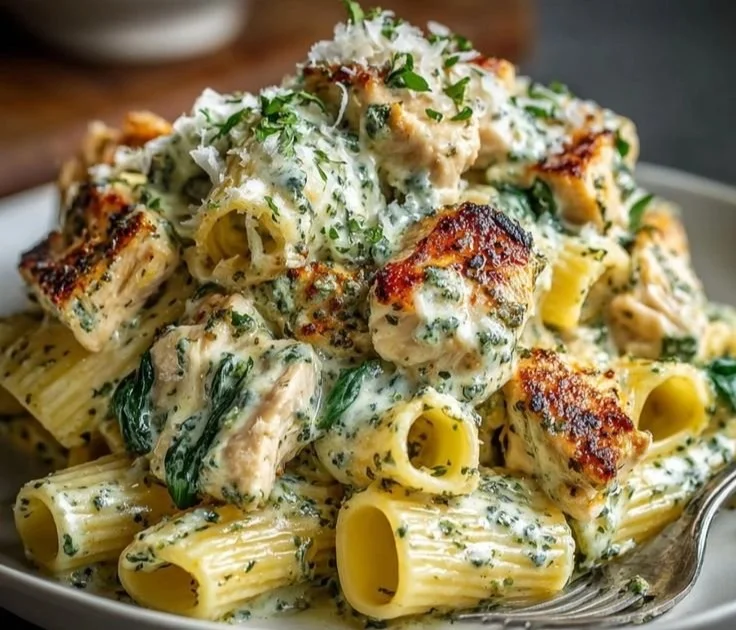 Creamy pesto chicken pasta topped with fresh basil and Parmesan cheese