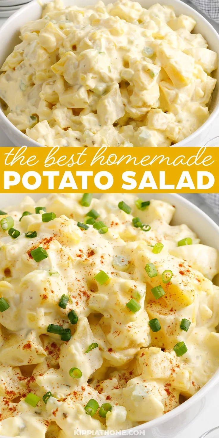 Creamy potato salad recipe with fresh herbs and ingredients