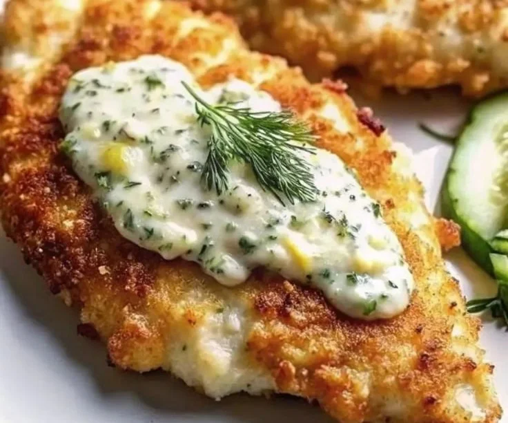 Crispy dill pickle parmesan chicken garnished with fresh herbs