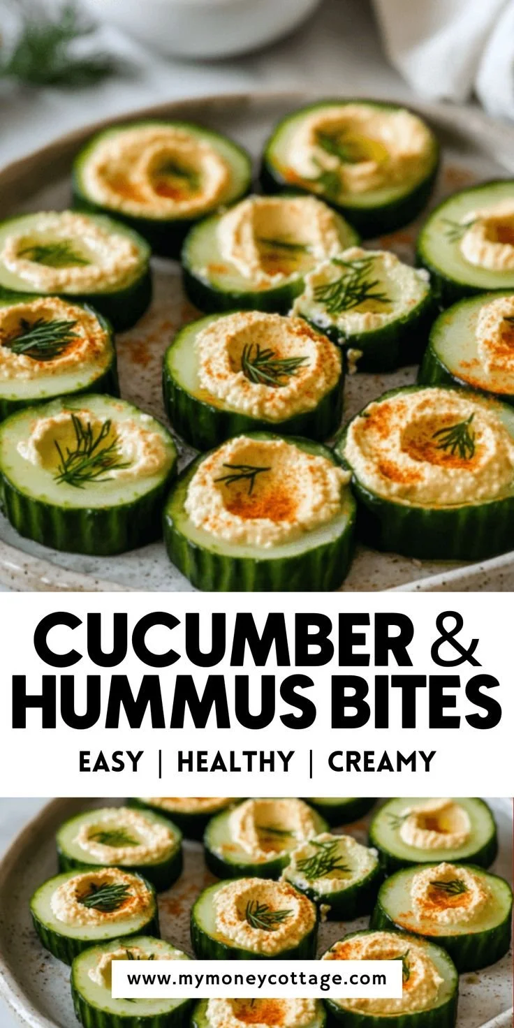 Cucumber and Hummus Bites 7 Cucumber Hummus Bites served as a healthy snack on a plate