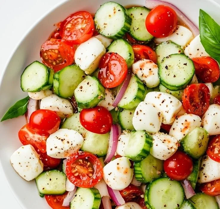 Cucumber Caprese Salad with fresh tomatoes, mozzarella, and basil