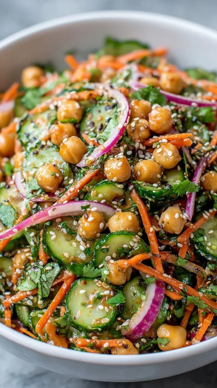 Cucumber Chickpea Salad with fresh vegetables and dressing