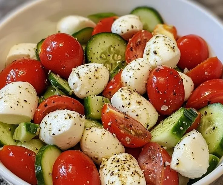 Cucumber Mozzarella Salad with fresh herbs and a drizzle of olive oil