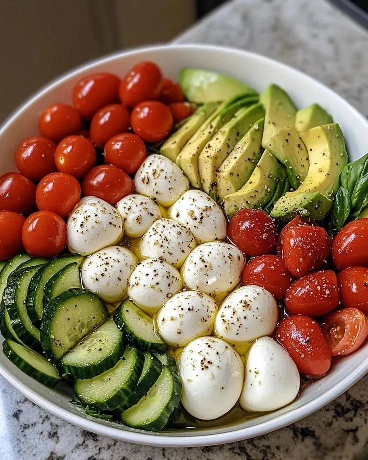 Delicious Cucumber Mozzarella Salad with fresh ingredients and vibrant colors.