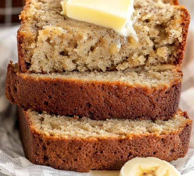 Loaf of easy homemade banana bread on a wooden cutting board