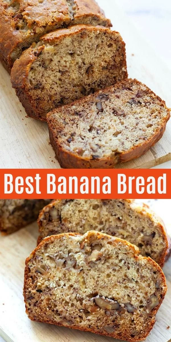 Loaf of easy homemade banana bread on a wooden cutting board