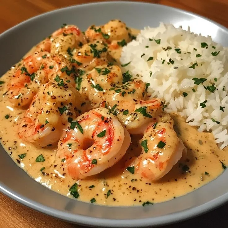 Plate of easy creamy garlic shrimp with herbs and lemon slices