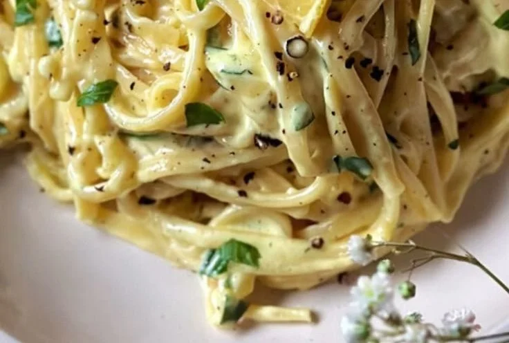 Plate of easy creamy lemon garlic pasta with herbs and lemon slices.