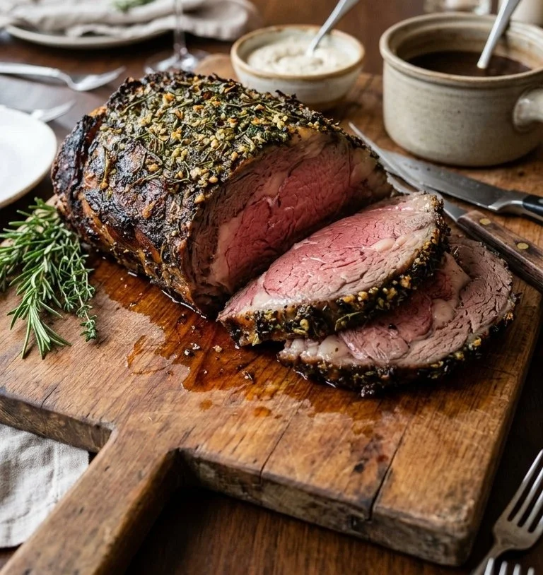 Deliciously seasoned garlic herb prime rib, perfect for special occasions.