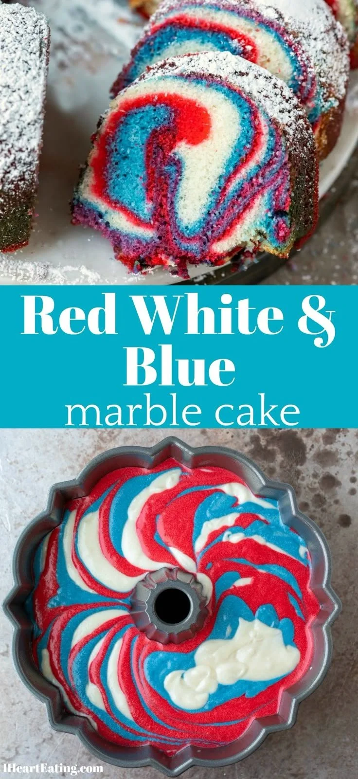 Festive 4th of July marble cake with red, white, and blue layers
