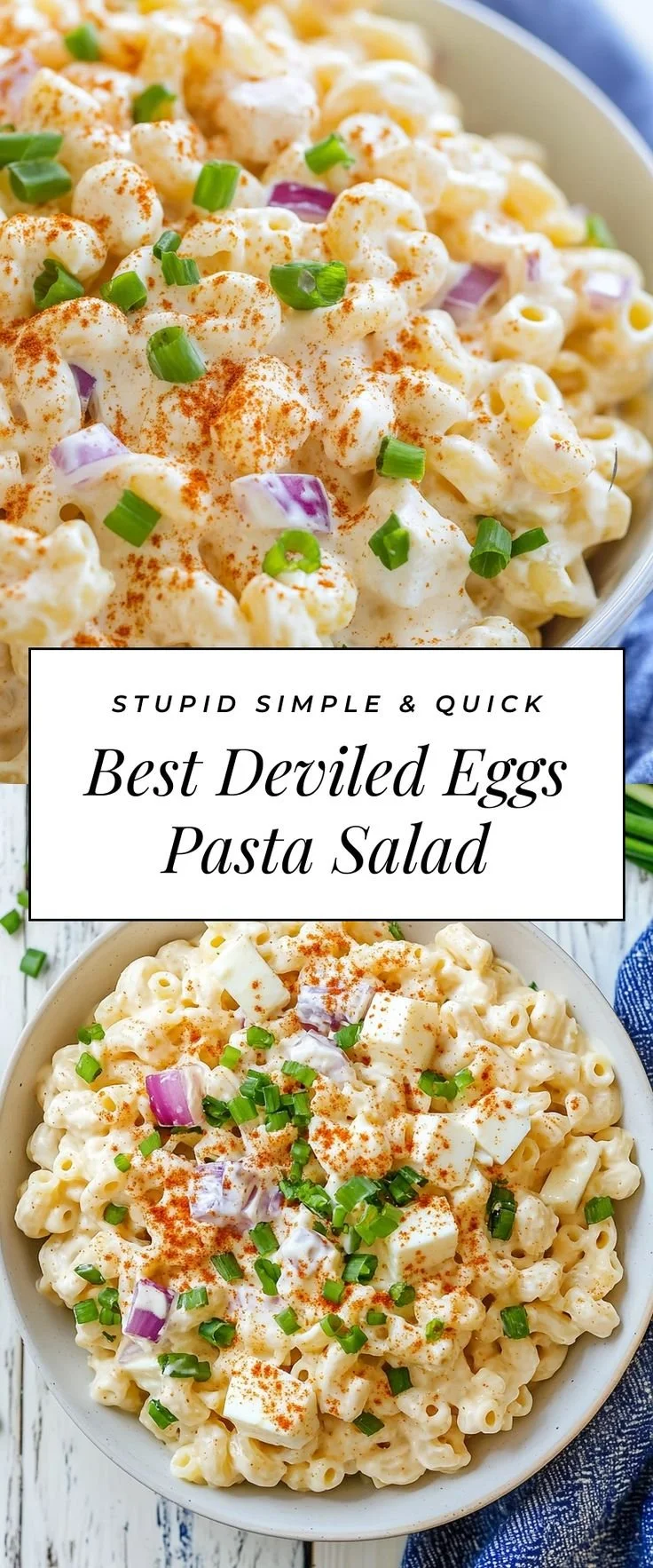 Flavorful deviled eggs pasta salad served in a bowl with garnishes.