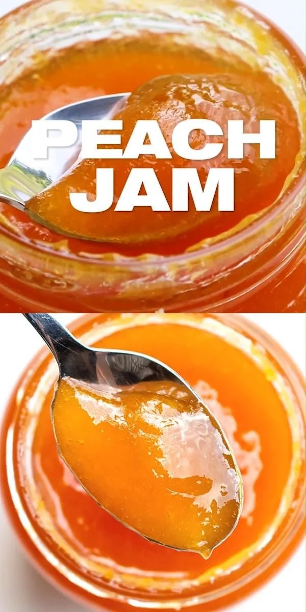 Jar of homemade French peach jam with fresh peaches