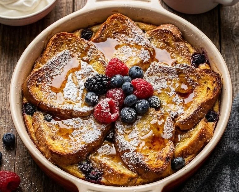 Easy French Toast Casserole fresh out of the oven, topped with berries and syrup.