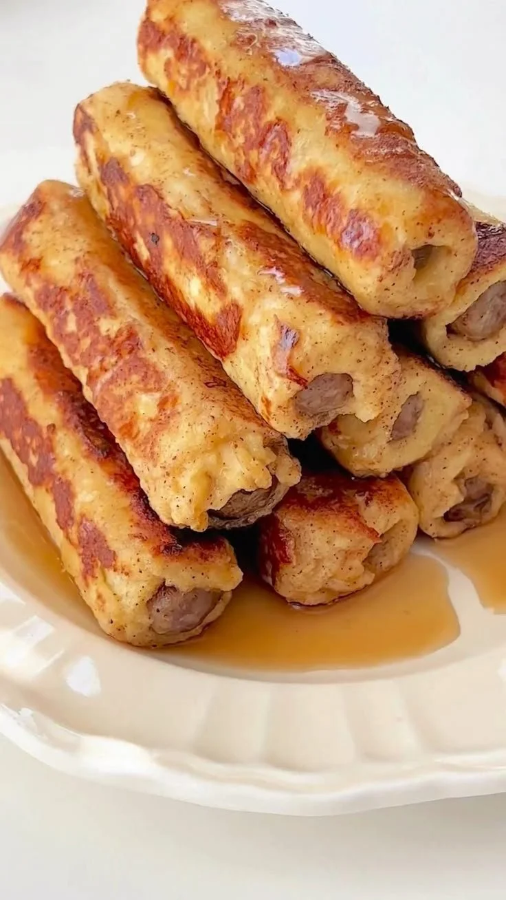 Plate of delicious French Toast Roll-Ups filled with sweet cream and dusted with powdered sugar.