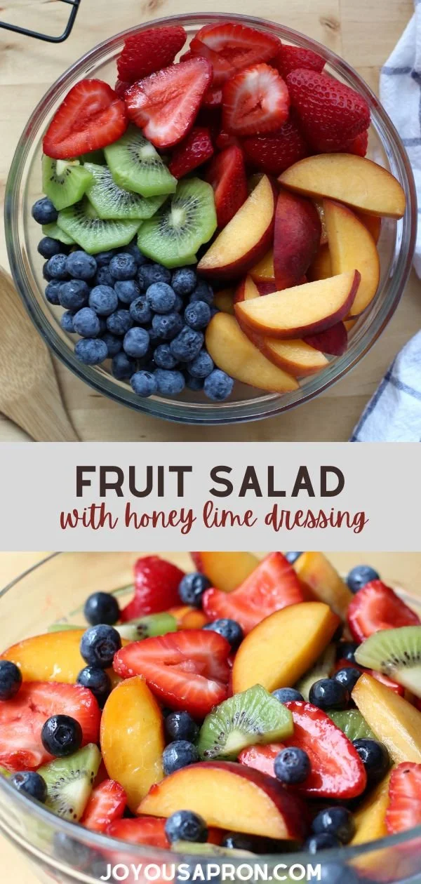 Colorful fruit salad topped with honey lime dressing for a refreshing treat