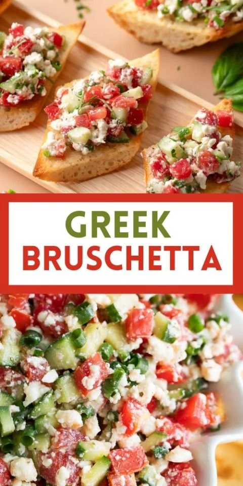 Fresh Greek Bruschetta topped with tomatoes, feta, and herbs on toasted bread.