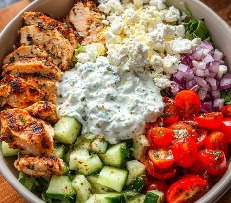 Colorful Greek Chicken Bowl with fresh vegetables and feta cheese