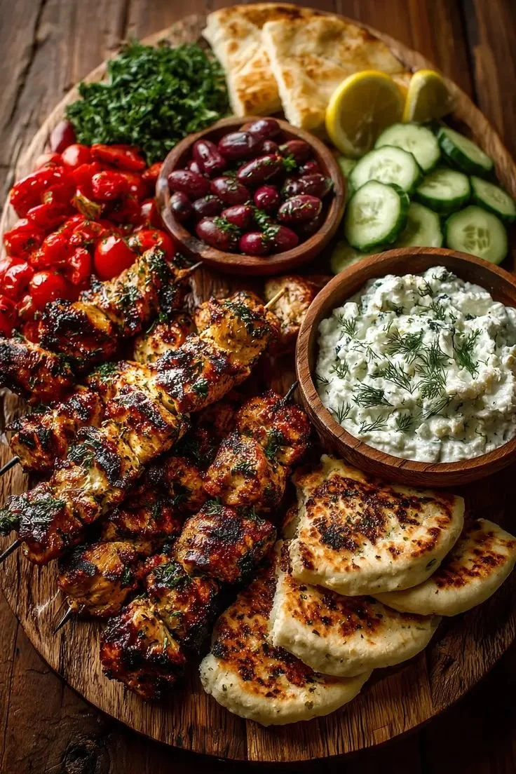 Greek chicken souvlaki grazing board with feta dip, Mediterranean flavors