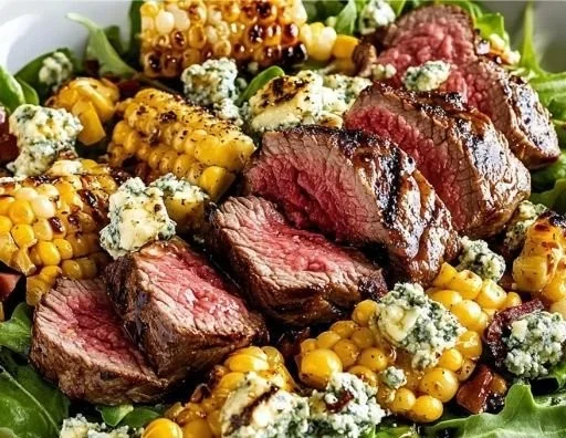 Grilled balsamic steak salad topped with fresh vegetables and a balsamic glaze