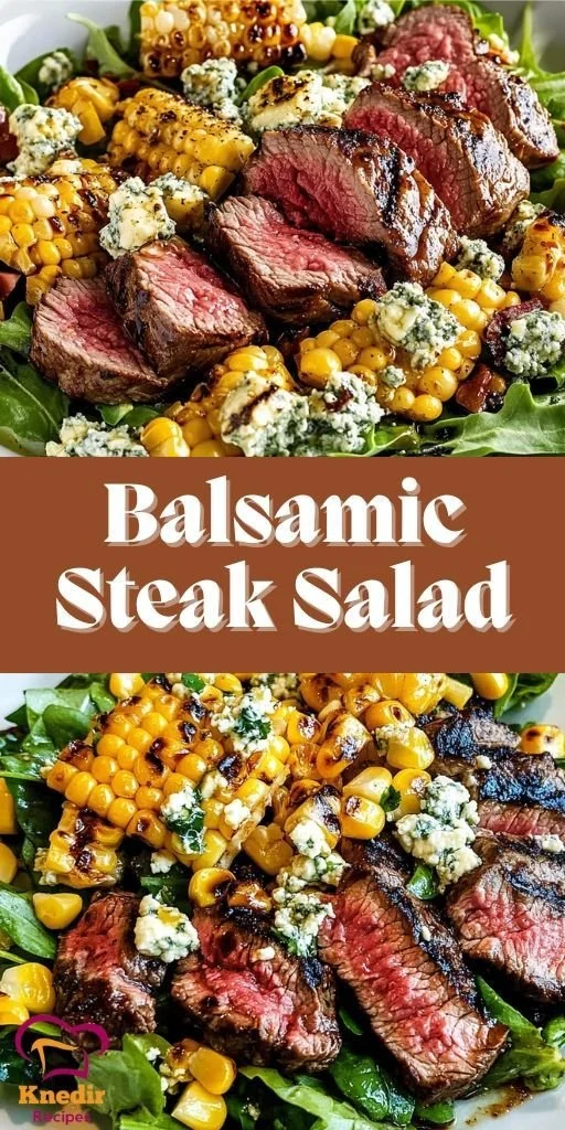 Grilled Balsamic Steak Salad topped with fresh greens and vinaigrette dressing