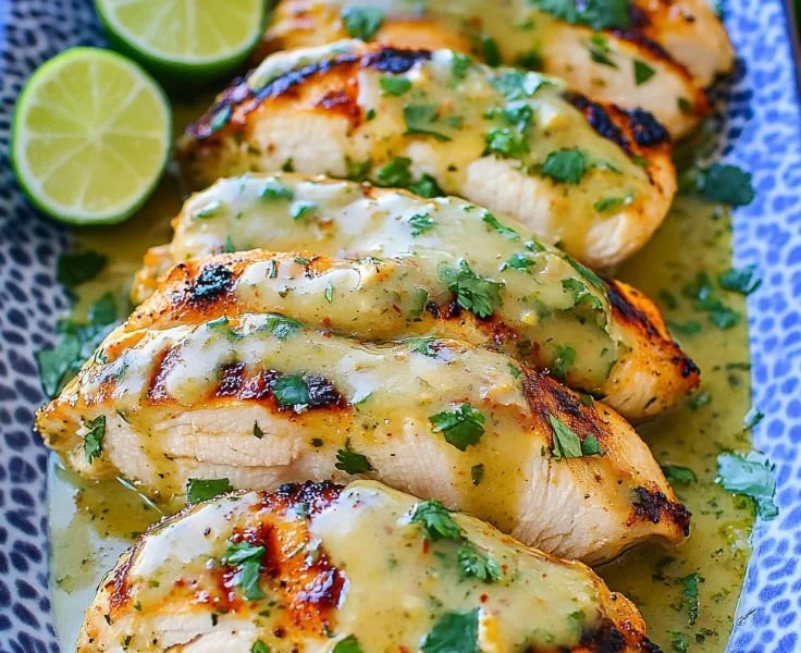 Grilled salsa verde chicken topped with pepper jack cheese on a plate.