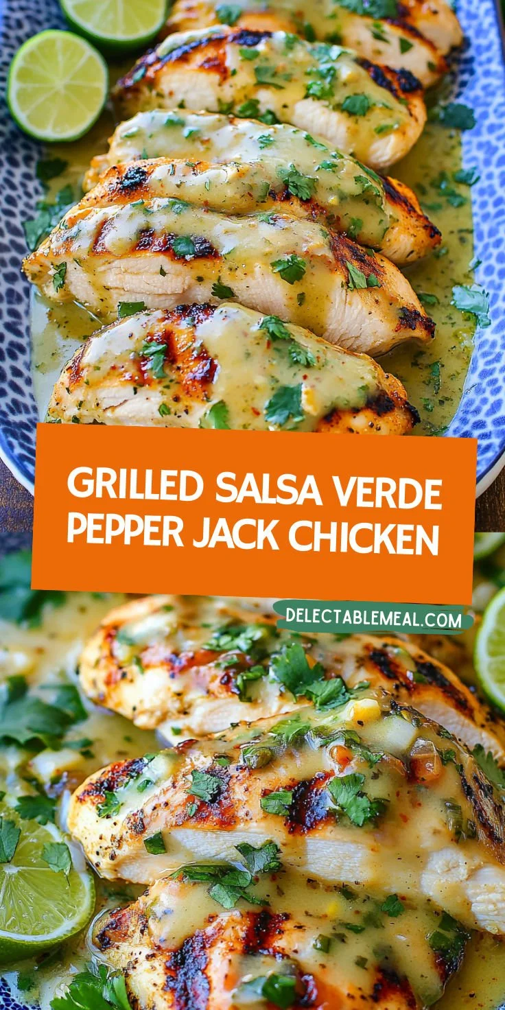 Grilled Salsa Verde Chicken topped with Pepper Jack cheese on a plate