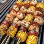 Delicious grilled seafood skewers with shrimp, fish, and vegetables on the grill