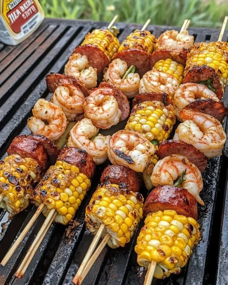 Delicious grilled seafood skewers with shrimp, fish, and vegetables on the grill