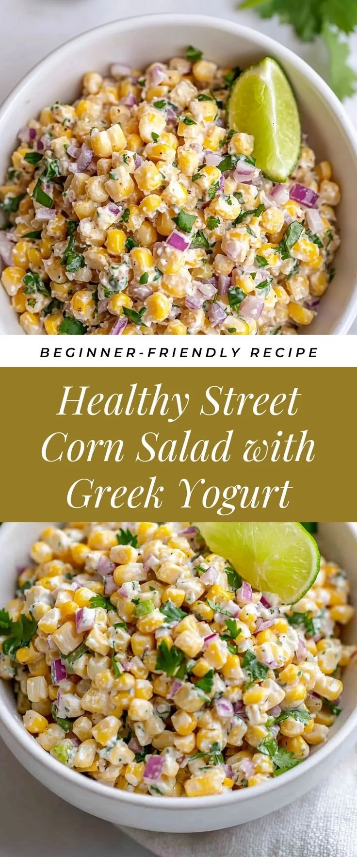 Healthy street corn salad with Greek yogurt, fresh corn, and colorful vegetables.